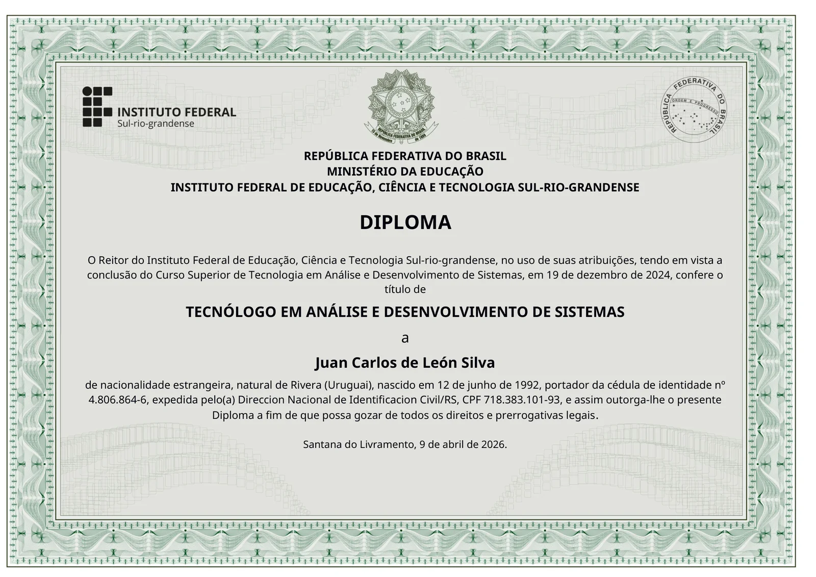 Certificado de Tecnólogo em Análise e Desenvolvimento de Sistemas (IFSUL)